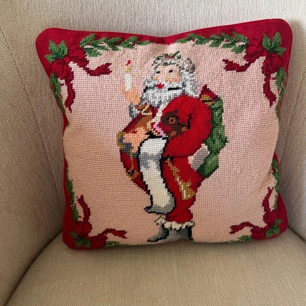 Handmade Needlepoint pillow santa claus St. Nick christmas velvet square bows